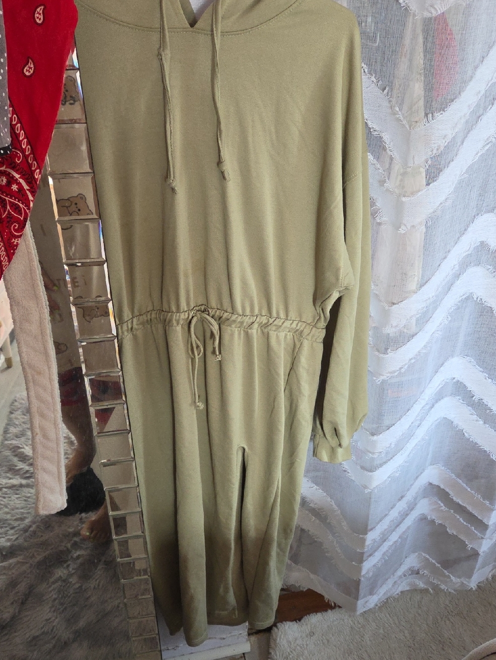 Olive Green Drawstring Hoodie Midi Dress